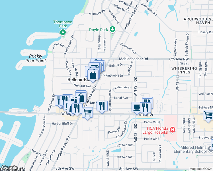 map of restaurants, bars, coffee shops, grocery stores, and more near 464 Jewel Court in Belleair Bluffs