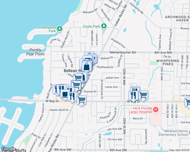 map of restaurants, bars, coffee shops, grocery stores, and more near 464 Jewel Court in Belleair Bluffs