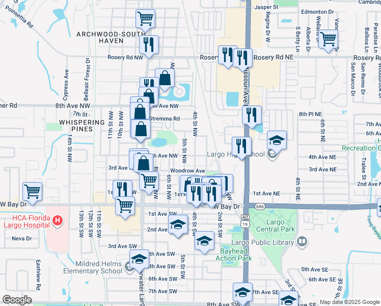 map of restaurants, bars, coffee shops, grocery stores, and more near 406 4th Avenue Northwest in Largo