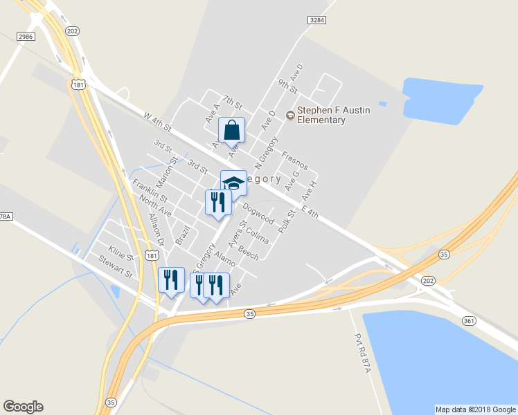 map of restaurants, bars, coffee shops, grocery stores, and more near 205 Dogwood in Gregory