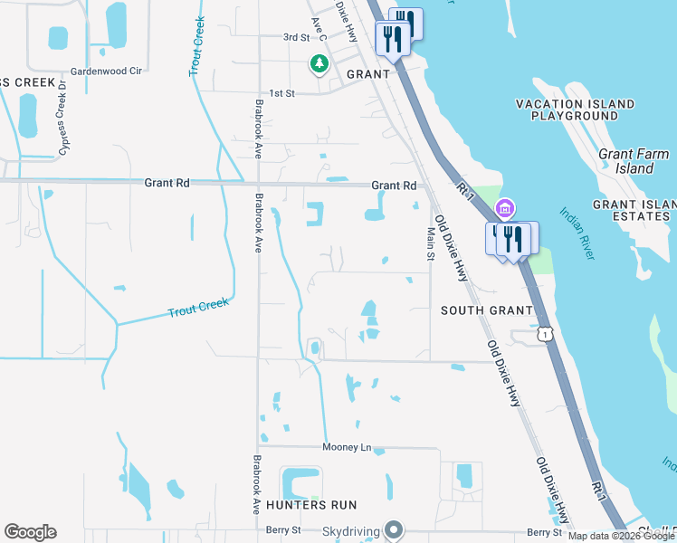map of restaurants, bars, coffee shops, grocery stores, and more near 4625 Mount Pleasant Avenue in Grant-Valkaria