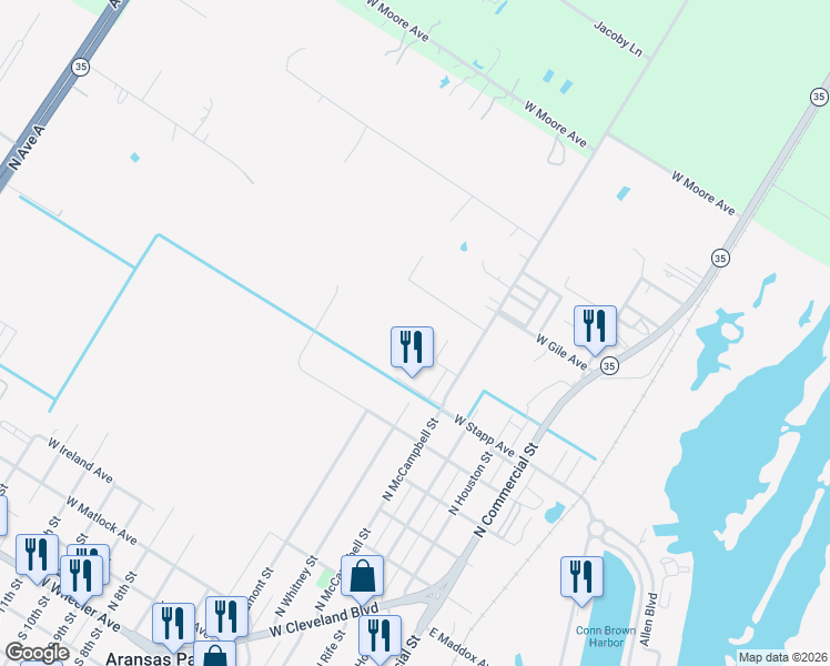 map of restaurants, bars, coffee shops, grocery stores, and more near 1134 North McCampbell Street in Aransas Pass