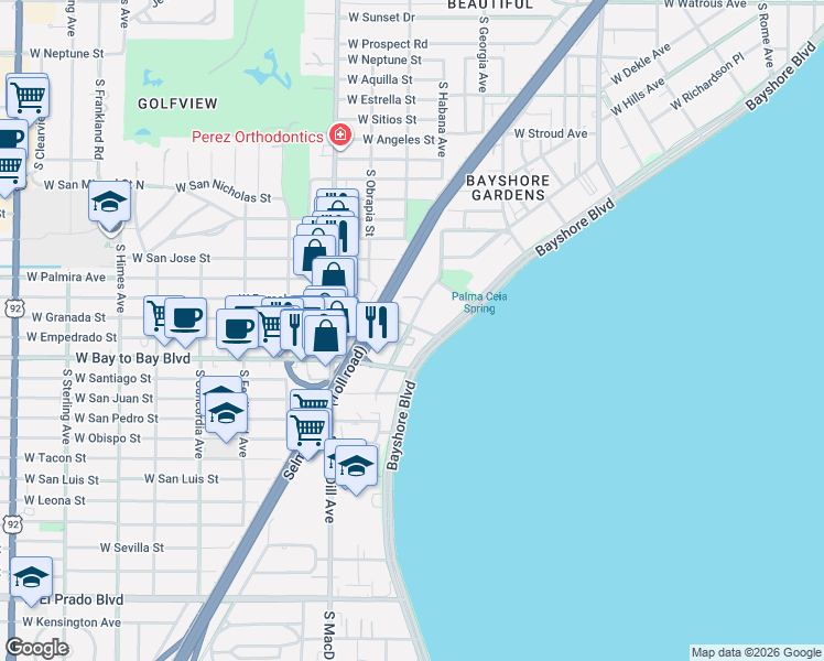 map of restaurants, bars, coffee shops, grocery stores, and more near 2910 West Barcelona Street in Tampa