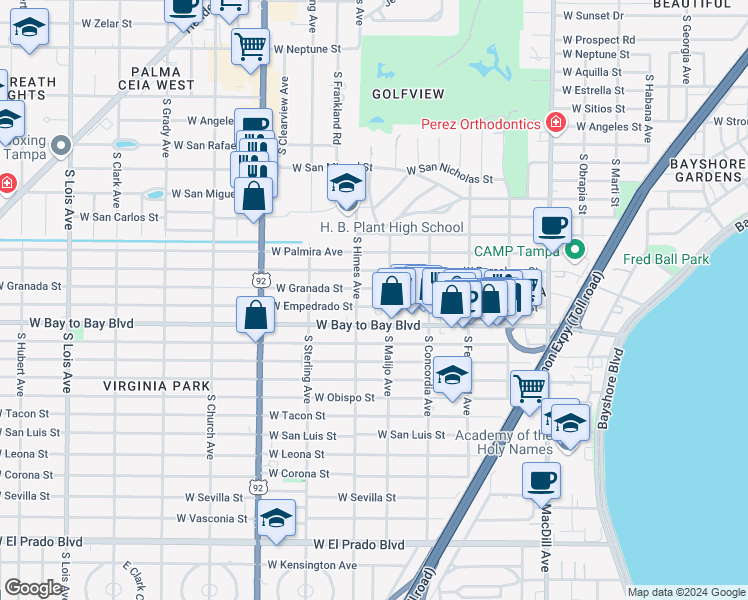 map of restaurants, bars, coffee shops, grocery stores, and more near 3514 West Granada Street in Tampa