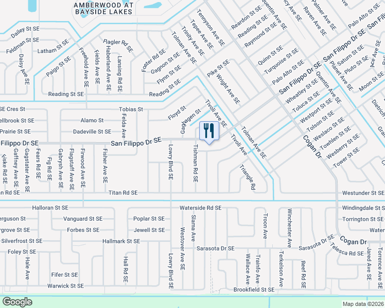 map of restaurants, bars, coffee shops, grocery stores, and more near 2920 Tishman Road Southeast in Palm Bay