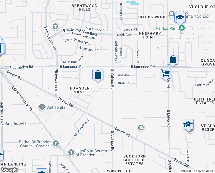 map of restaurants, bars, coffee shops, grocery stores, and more near 2015 Cricket Lane in Valrico