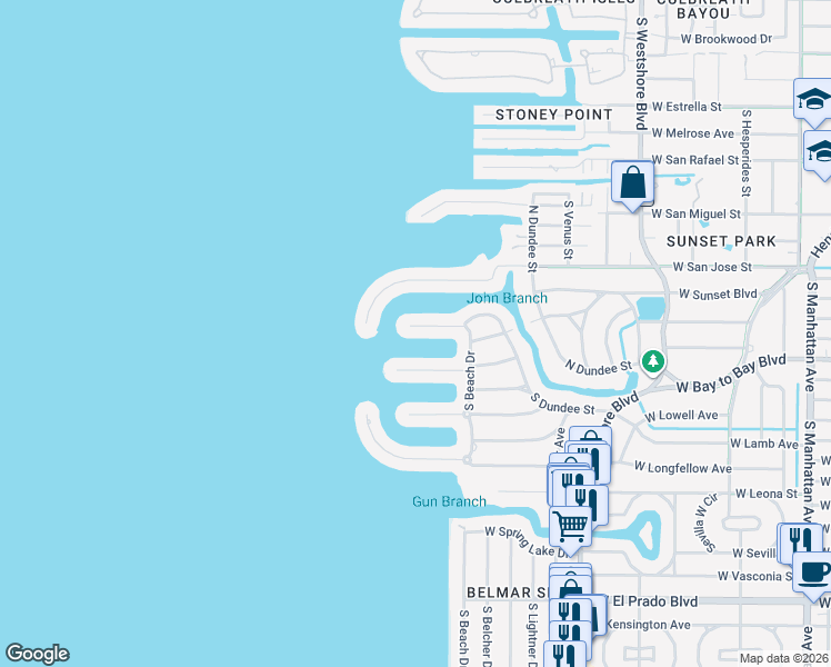 map of restaurants, bars, coffee shops, grocery stores, and more near 2405 South Dundee Street in Tampa