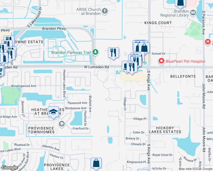 map of restaurants, bars, coffee shops, grocery stores, and more near 1109 Versant Drive in Brandon