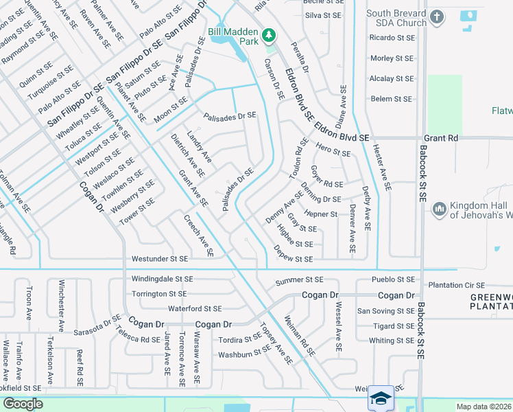 map of restaurants, bars, coffee shops, grocery stores, and more near 2898 Digby Road Southeast in Palm Bay