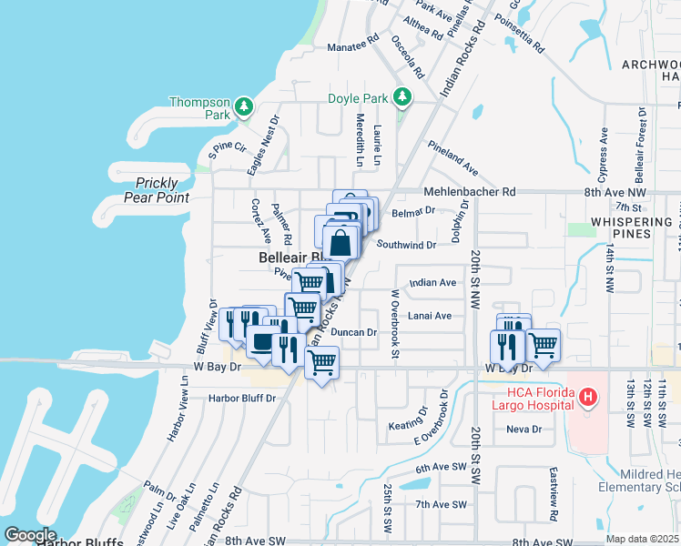 map of restaurants, bars, coffee shops, grocery stores, and more near 432 Indian Rocks Road North in Belleair Bluffs