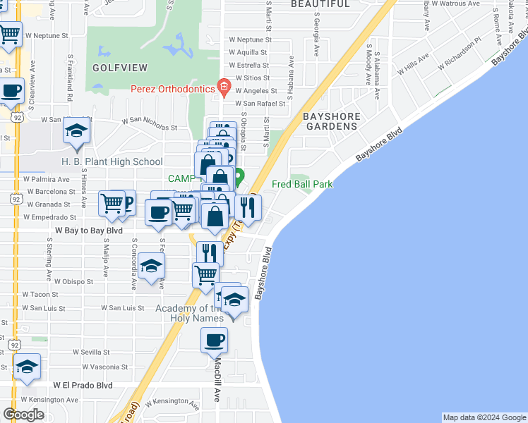 map of restaurants, bars, coffee shops, grocery stores, and more near 2910 West Barcelona Street in Tampa