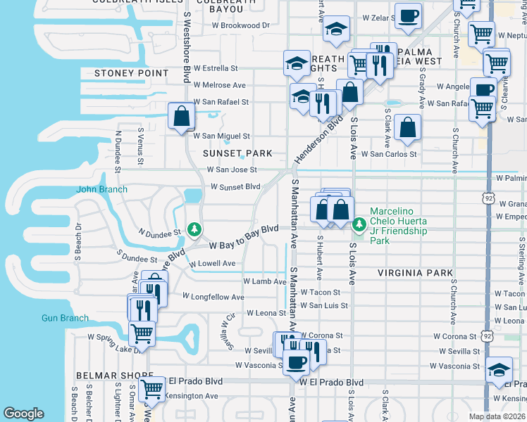 map of restaurants, bars, coffee shops, grocery stores, and more near 4510 Henderson Boulevard in Tampa