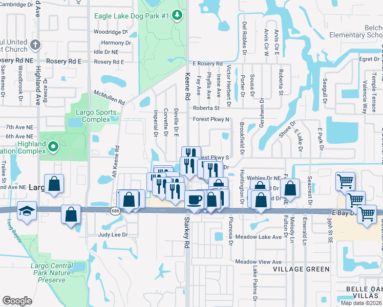map of restaurants, bars, coffee shops, grocery stores, and more near 469 Keene Road in Largo