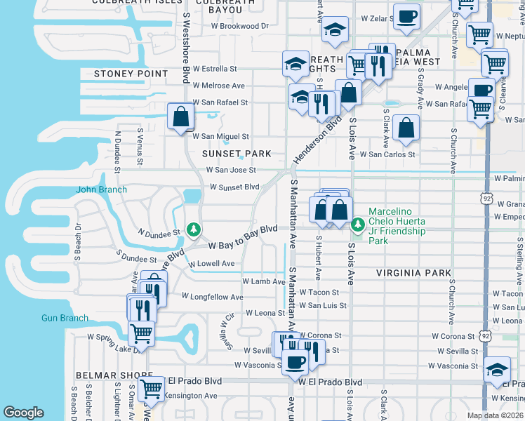 map of restaurants, bars, coffee shops, grocery stores, and more near 4510 Henderson Boulevard in Tampa