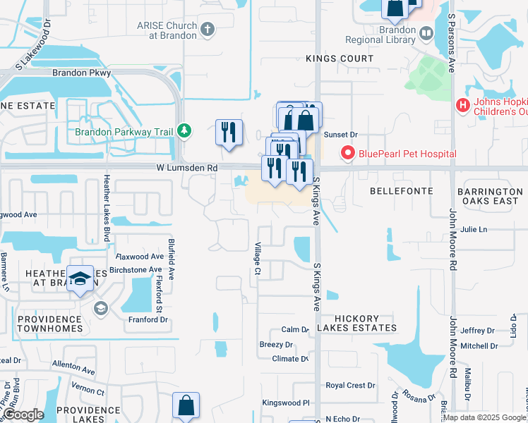map of restaurants, bars, coffee shops, grocery stores, and more near 811 Oak Park Place in Brandon