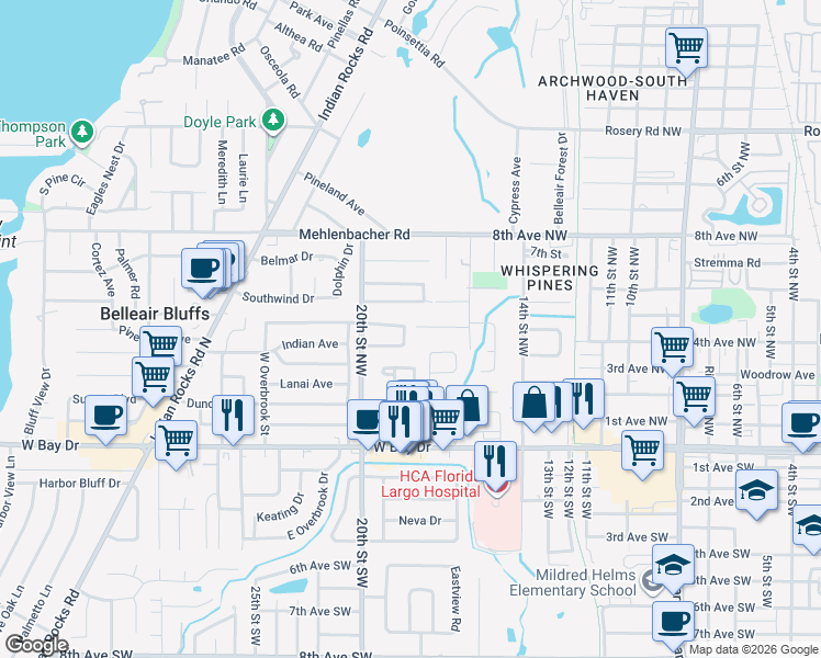 map of restaurants, bars, coffee shops, grocery stores, and more near 1874 Sierra Circle South in Largo
