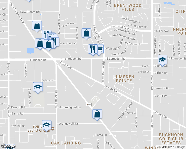 map of restaurants, bars, coffee shops, grocery stores, and more near 1017 Mandalay Drive in Brandon