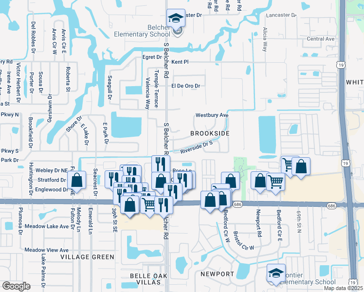 map of restaurants, bars, coffee shops, grocery stores, and more near 2212 Riverside Drive South in Clearwater