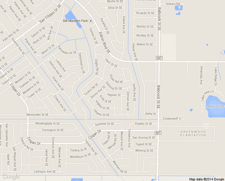map of restaurants, bars, coffee shops, grocery stores, and more near 1466 Deming Drive Southeast in Palm Bay