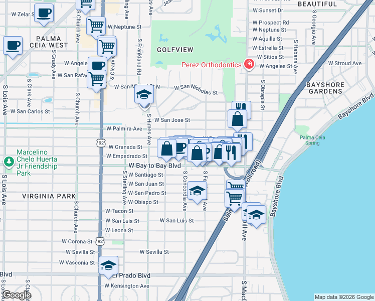 map of restaurants, bars, coffee shops, grocery stores, and more near 3320 West Granada Street in Tampa