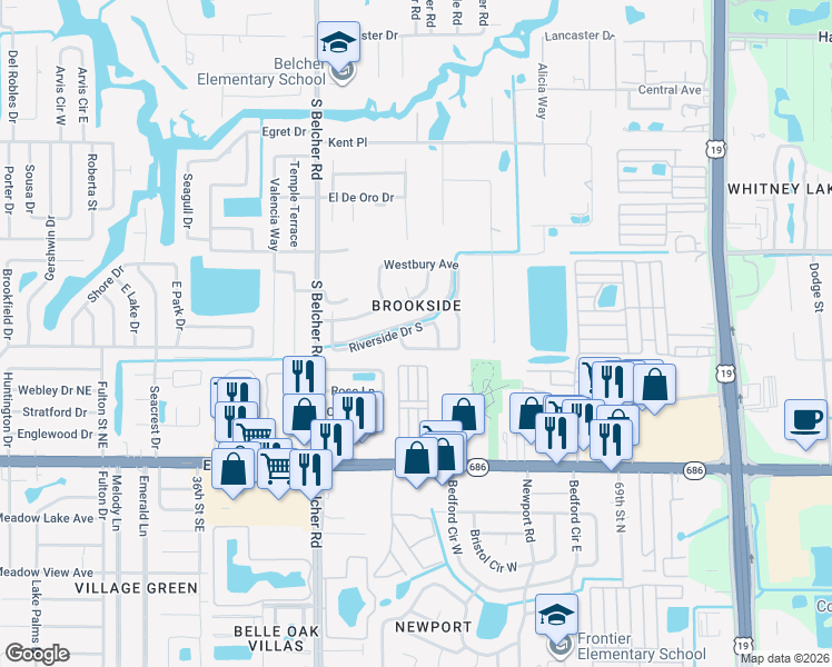 map of restaurants, bars, coffee shops, grocery stores, and more near 2259 Riverside Drive South in Clearwater