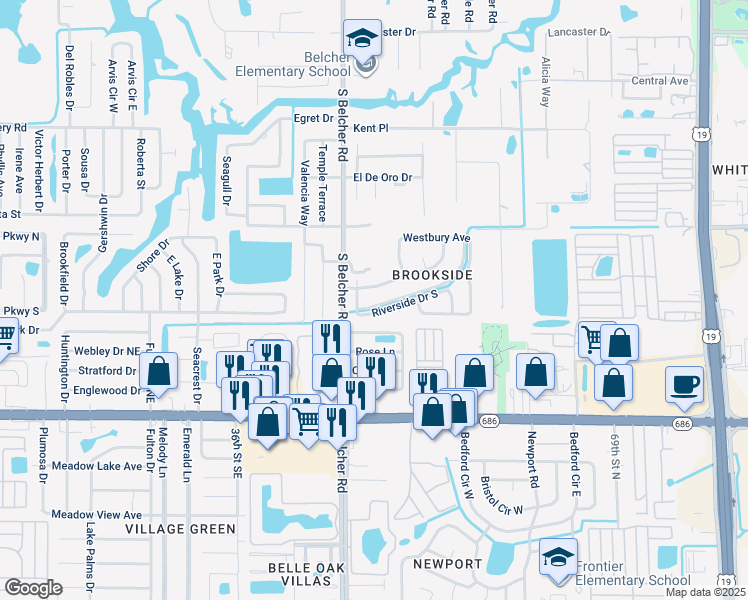 map of restaurants, bars, coffee shops, grocery stores, and more near 2212 Riverside Drive South in Clearwater