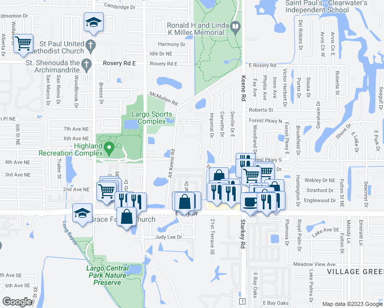 map of restaurants, bars, coffee shops, grocery stores, and more near 400 Alternate Keene Road in Largo