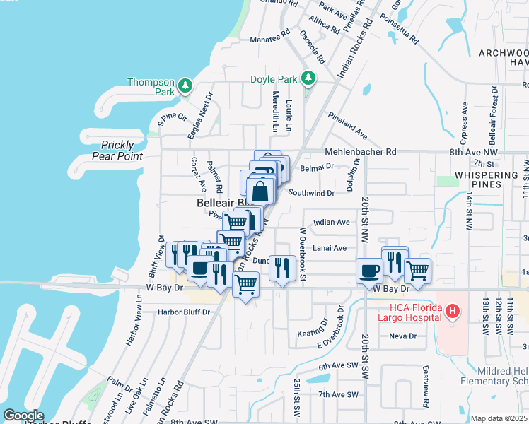 map of restaurants, bars, coffee shops, grocery stores, and more near 432 Indian Rocks Road North in Belleair Bluffs