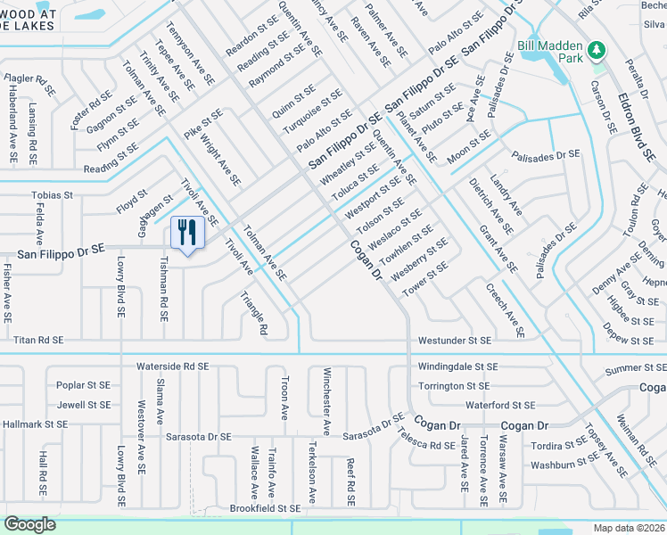 map of restaurants, bars, coffee shops, grocery stores, and more near 942 Tolson Street Southeast in Palm Bay