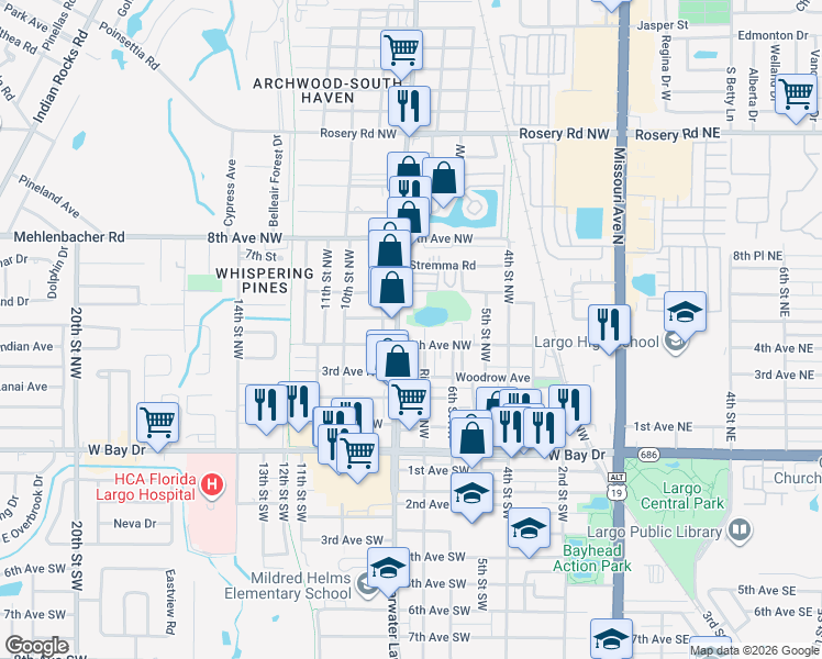 map of restaurants, bars, coffee shops, grocery stores, and more near 468 Ridge Road Northwest in Largo