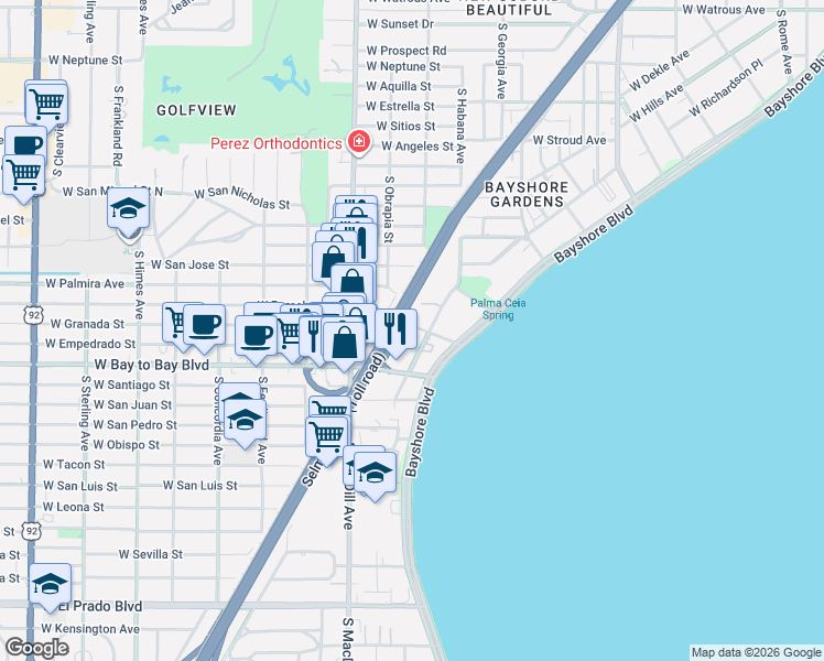 map of restaurants, bars, coffee shops, grocery stores, and more near 2910 West Barcelona Street in Tampa