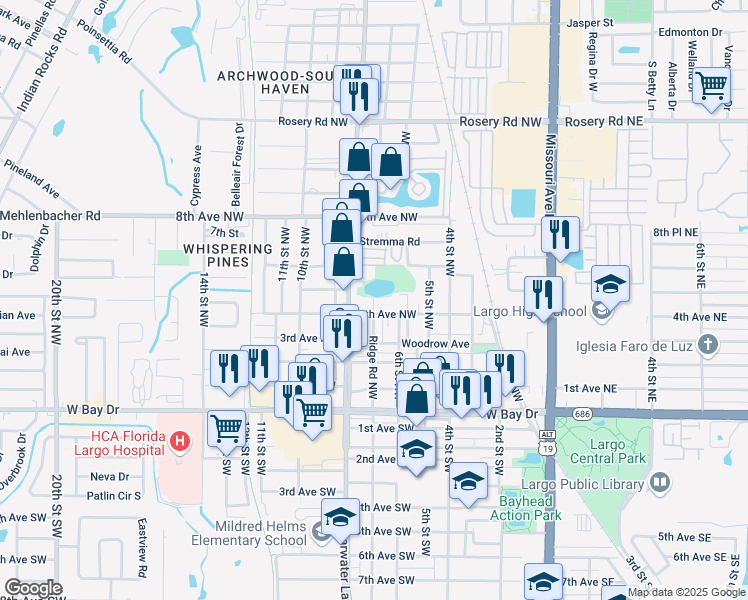 map of restaurants, bars, coffee shops, grocery stores, and more near 468 Ridge Road Northwest in Largo