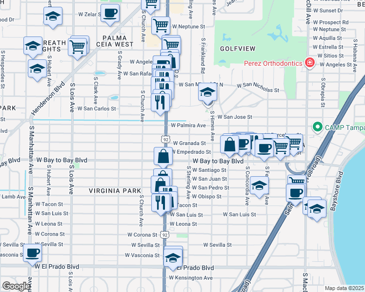 map of restaurants, bars, coffee shops, grocery stores, and more near 3704 West Granada Street in Tampa
