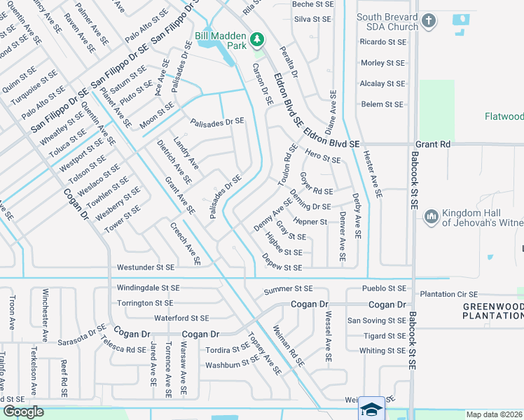map of restaurants, bars, coffee shops, grocery stores, and more near 2937 Toulon Road Southeast in Palm Bay