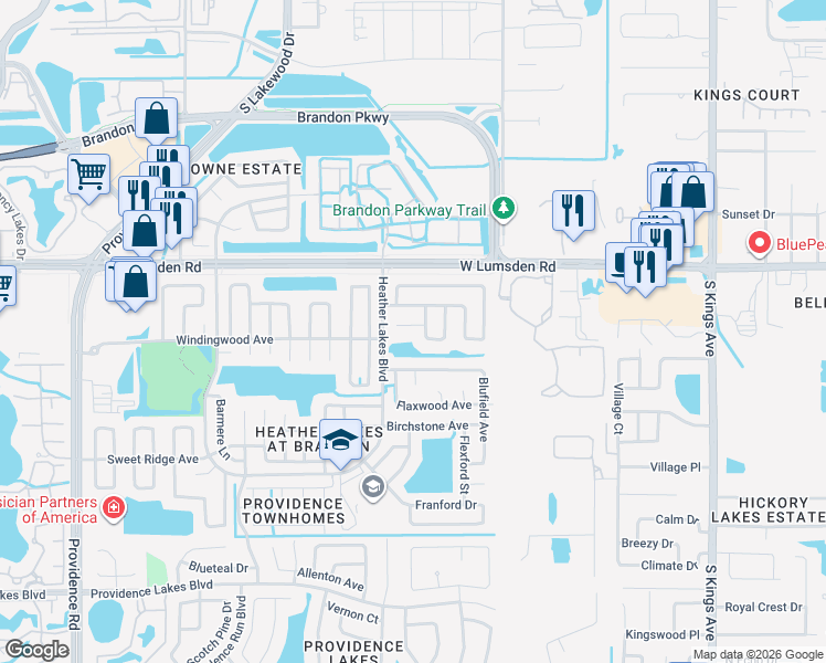 map of restaurants, bars, coffee shops, grocery stores, and more near 1310 Blossom Brook Court in Brandon