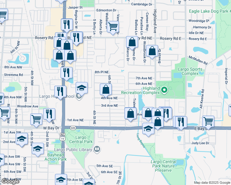 map of restaurants, bars, coffee shops, grocery stores, and more near 619 5th Avenue Northeast in Largo