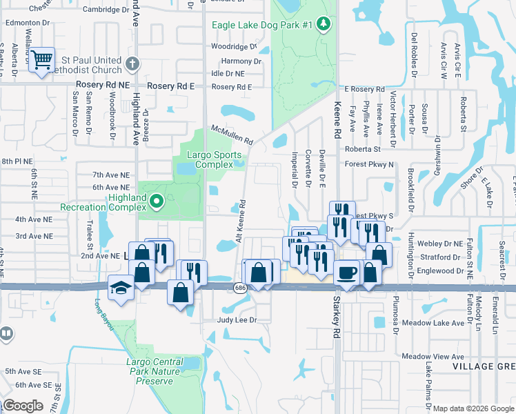 map of restaurants, bars, coffee shops, grocery stores, and more near 400 Alternate Keene Road in Largo