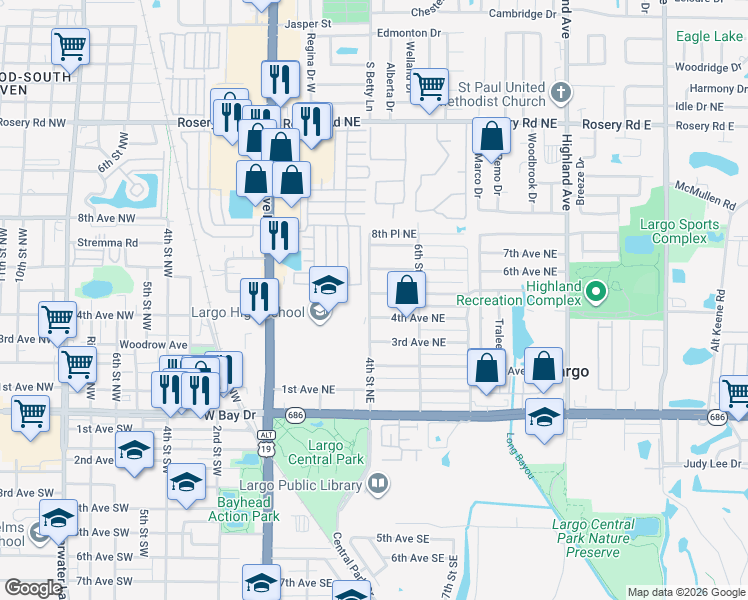 map of restaurants, bars, coffee shops, grocery stores, and more near 450 4th Street Northeast in Largo