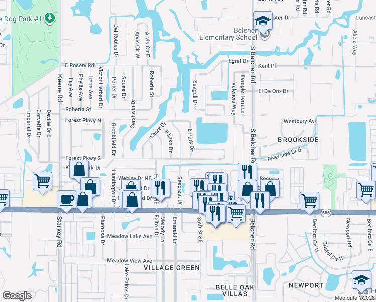 map of restaurants, bars, coffee shops, grocery stores, and more near 487 Seacrest Drive in Largo