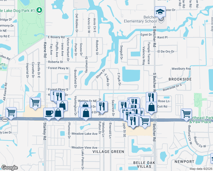 map of restaurants, bars, coffee shops, grocery stores, and more near 501 Hillcrest Drive in Largo