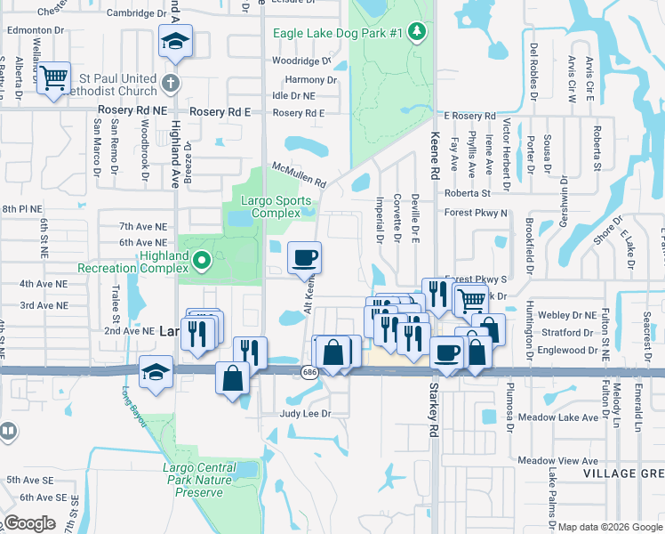 map of restaurants, bars, coffee shops, grocery stores, and more near 400 Alternate Keene Road in Largo