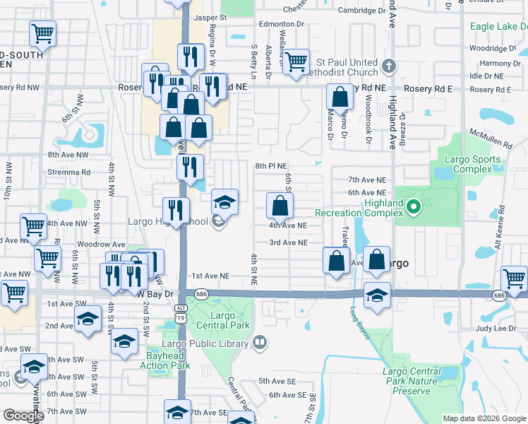 map of restaurants, bars, coffee shops, grocery stores, and more near 450 4th Street Northeast in Largo