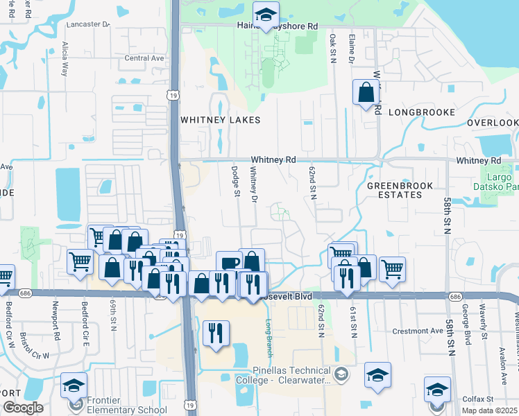 map of restaurants, bars, coffee shops, grocery stores, and more near 2069 Whitney Drive in Clearwater