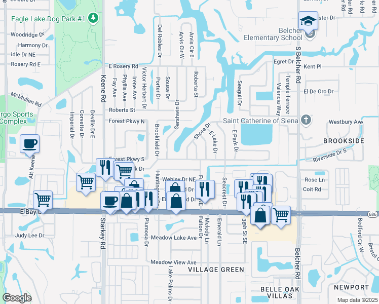 map of restaurants, bars, coffee shops, grocery stores, and more near 493 Shore Drive in Largo