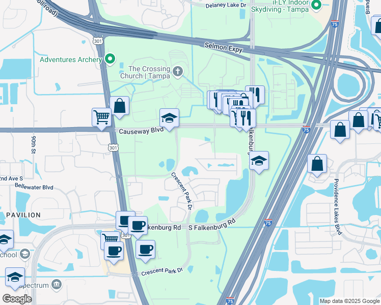 map of restaurants, bars, coffee shops, grocery stores, and more near 2904 Wildtree Drive in Riverview