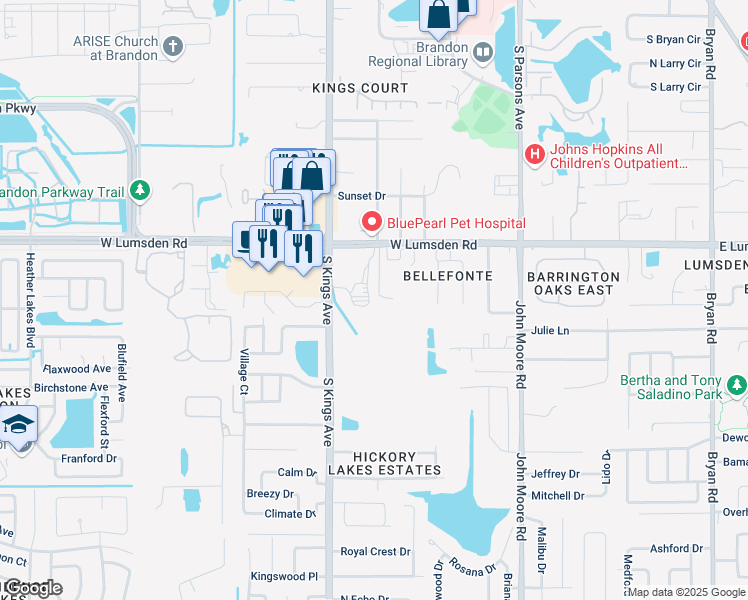 map of restaurants, bars, coffee shops, grocery stores, and more near 631 West Lumsden Road in Brandon
