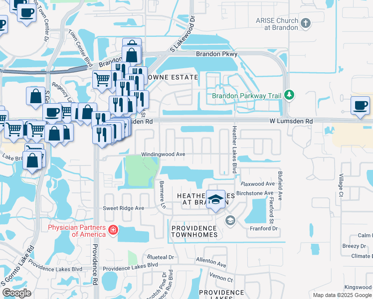 map of restaurants, bars, coffee shops, grocery stores, and more near 1003 Coolwood Place in Brandon