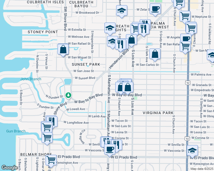 map of restaurants, bars, coffee shops, grocery stores, and more near 2801 South Manhattan Avenue in Tampa