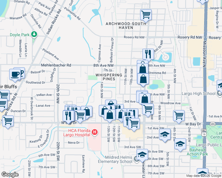 map of restaurants, bars, coffee shops, grocery stores, and more near 5 Bellemeade Circle in Largo