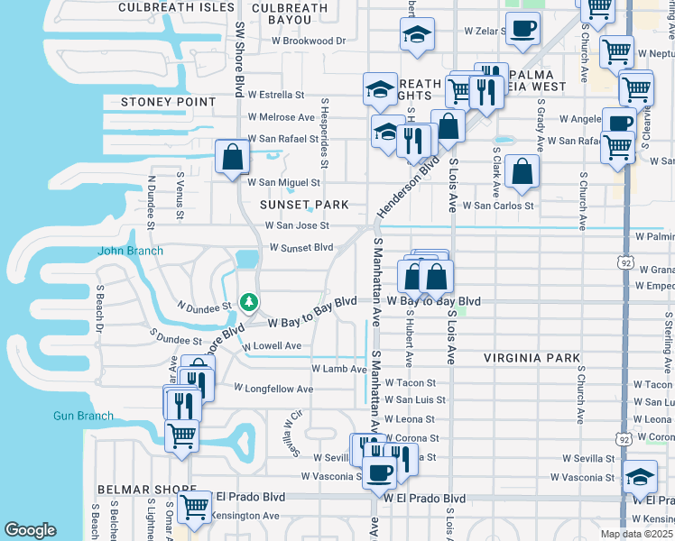 map of restaurants, bars, coffee shops, grocery stores, and more near 4510 Henderson Boulevard in Tampa